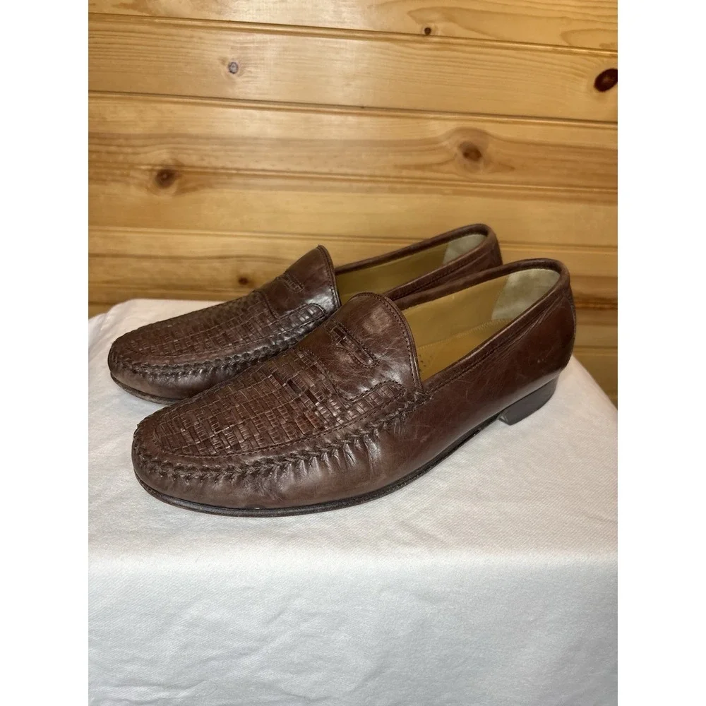 Johnston & Murphy Men's Penny Loafer 8.5 Woven Brown Moc Toe Dress‎ Shoe Leather